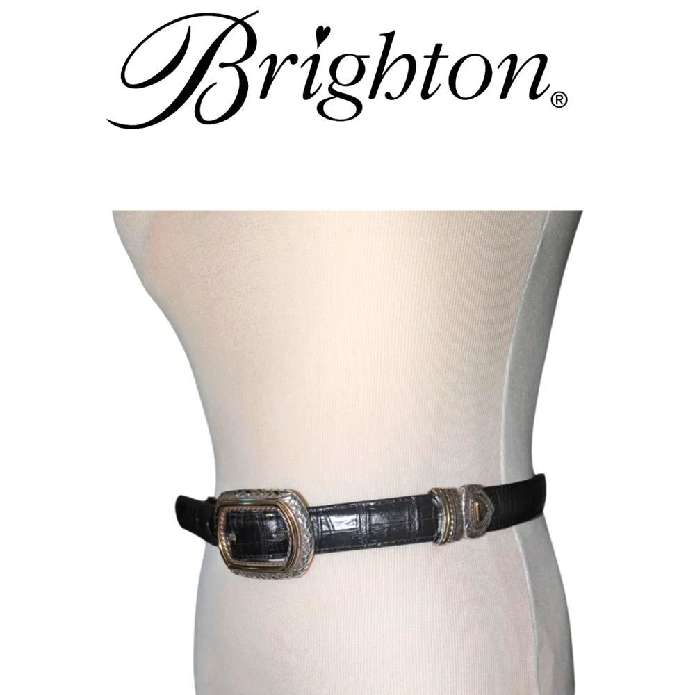 Brighton Marcus Belt 30 M Reversible Black Brown Croc Leather Silver Gol…